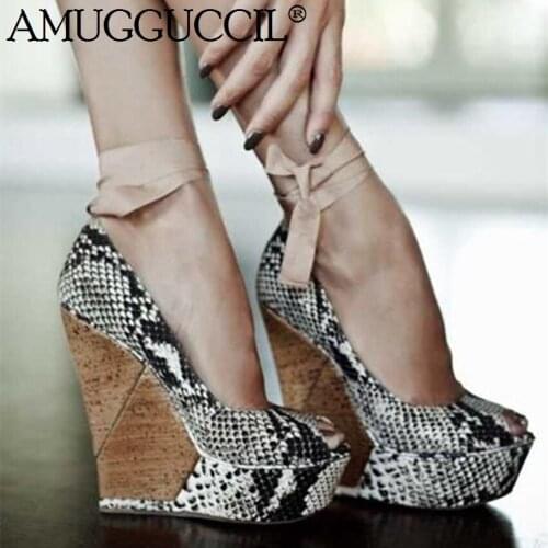 2021 New Plus Big Size 35-48 Snake Lace Up Fashion Sexy 14CM High Heel Platform Females Lady Wedge Shoes Women Pumps D1290