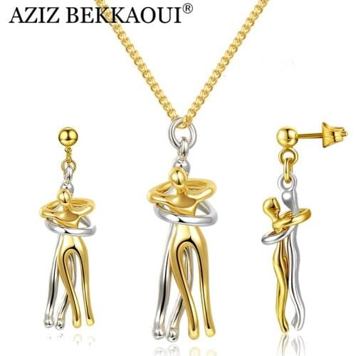 AZIZ BEKKAOUI Couple Hugging Pendant Necklace Stainless Steel Necklace Earrings Kiss Hug Necklace Jewelry Set For Women Girls