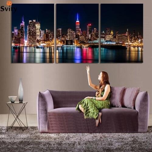 Free Shipping 3 Piece Wall Art Set City Hall Night Lights Beside River Wall Decoration Pictures Modern Art Printed On Canvas