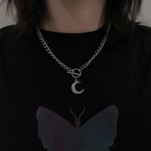 Punk Moon Pendant Necklace Korean Hip Hop T Buckle Chains Necklace for Women Men Fashion Jewelry Gift Drop shipping