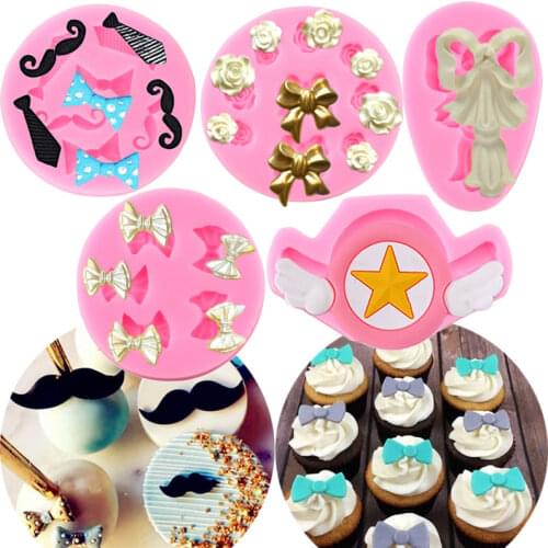 Moustache Tie Bows Silicone Mold Baby Party Rose Flower Wings Cupcake Topper Fondant Cake Decorating Tools Candy Chocolate Mould