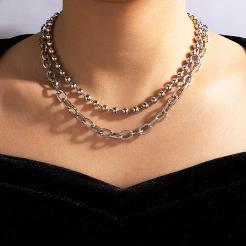 HuaTang Punk Double Layer Cuban Chains Necklace for Women Silver Color Metal Bead Choker Necklace Trendy Jewelry Gift Collier