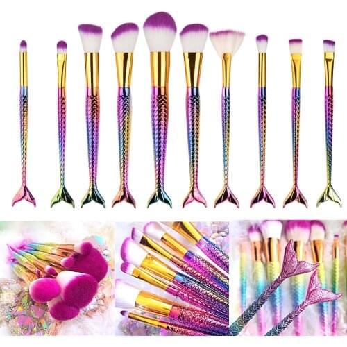 10PCS Mermaid Shape Makeup Brush Fish Scale Foundation Powder Eyeshadow Unicorn Makeup Brushes Contour Blending Cosmetic Brushes