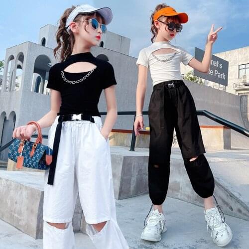 Girls Sets 2021 Summer New Baby Girl Pure Color Iron Chain T shirt And Hole Pants 2Pcs Outfits Kids Suits For 6 8 10 12 14 15T