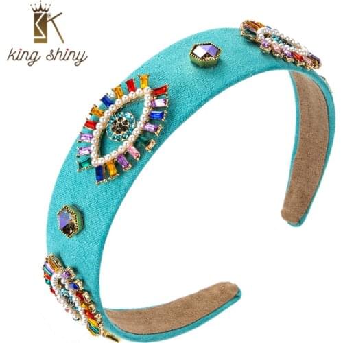 King Shiny Vintage Baroque Crystal Evil Eye Headband Elegant Imitation Pearl Rhinestone Beaded Hairband Girls Party Tiara Crowns