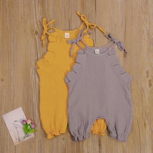 Summer Baby Girl Short Jumpsuit Self-Tie Strap Sleeveless Solid Color Ruffle Romper