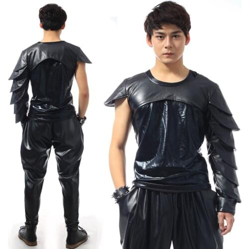 Men Dance Wear Shirt Nightclub Motorcycle Hiphop Punk Rock Male DJ Costumes Fashion Leather Gulps Half Leather Tops Outfit