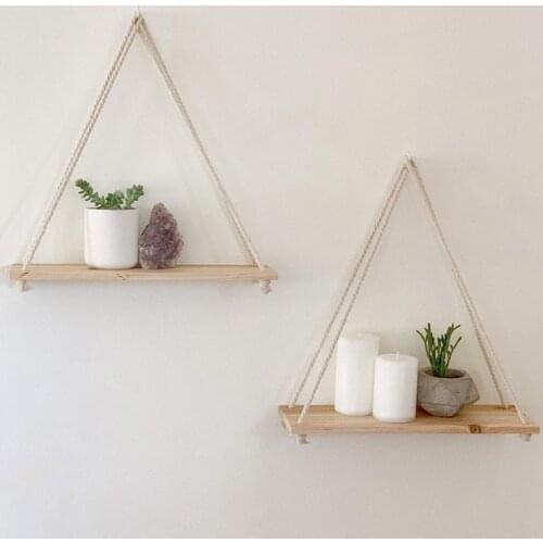 Wall Shelf Hanging Wooden Plant Shelf Small Household Parts Storage Rack Wall Rope Living Room Shelves Wall Decoration