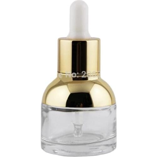 NEW ARRIVAL 30ml transparent glass dropper bottle with gold shoulder and gold collar ,white bulb glass bottle
