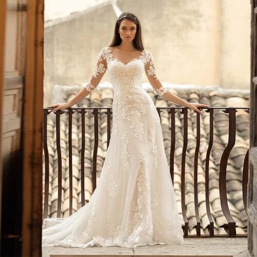 Vestidos Elegant Wedding Dresses Tulle Illusion Appliques Button Sweetheart Half Sleeve Lace Up Sheath Bridal Gowns