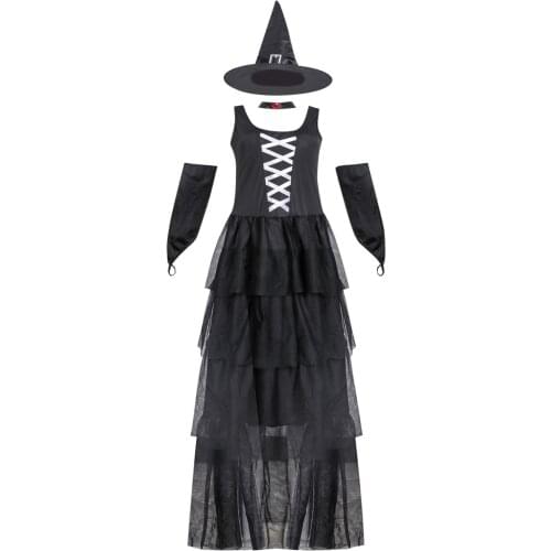 Sexy Witch Suit Dress Spliced Mesh Yarn Witch Costume Black Classic Maxi Dress With Hat Women Halloween Masquerade Cosplay Set