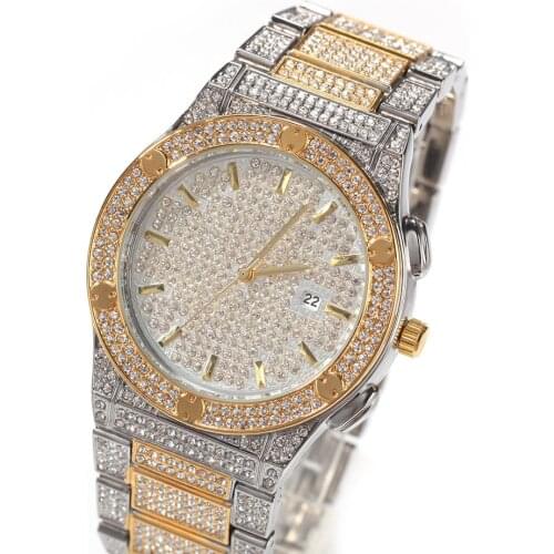 Silver And Gold Watch Mens Calendar With Full Diamond Watches Top Brand Luxury Analog Water Resistant Man Watch Gift Box