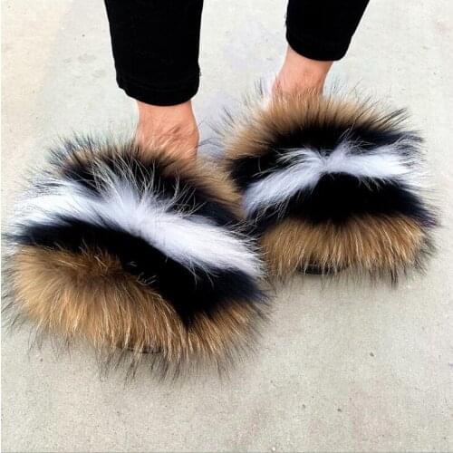 Winter Fluffy Slippers Women Real Fox Fur Slides Indoor Flip Flops Casual Shoes Woman Home Shoes Raccoon Fur Sandals Plush Shoes