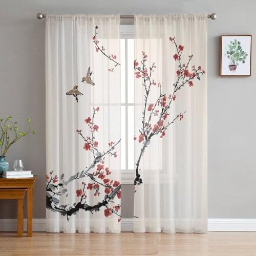 Plum Blossom Branch Bird Ink Painting Modern Tulle Curtains for Living Room Bedroom Home Kitchen Window Sheer Curtains