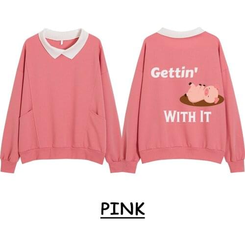 Oversized Big Print Sweatshirt Cotton Harajuku Hoodie Pullover Kawaii Long Sleeve Pocket Pink Tops Turn-down Collar Swearshirt
