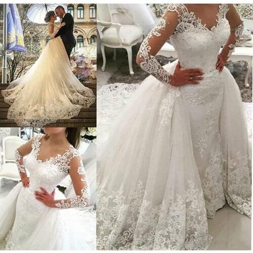 Illusion Vintage Lace Long Sleeve Wedding Dress For Bride 2020 Beads Mermaid Bridal Dresses Detachable Train Vestido De Noiva