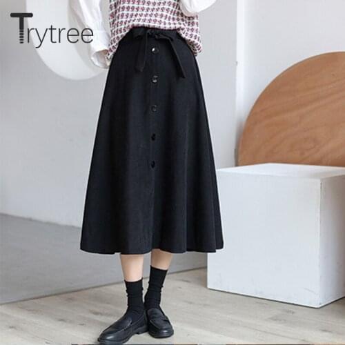 Trytree 2020 Autumn Winter Casual Woman Skirt Blends Tweed Elastic Waist Belt Buttons A-line Solid Mid-Calf Office Lady Skirt