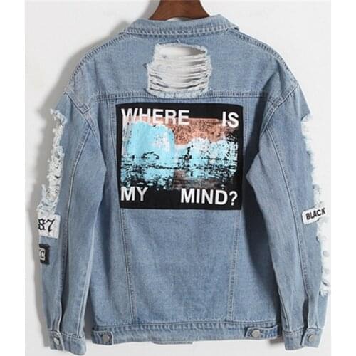 Spring Women Frayed Denim Bomber Jacket Appliques Print Lady Vintage Elegant Short Outwear Autumn Fashion Casual Jean Coat A2750