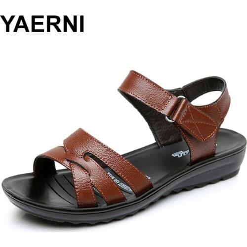 YAERNI 2019Summer Women Genuine Leather Sandals Vintage Ladies Flat Sandials Ankle Strap Fashion Casual Platforms Soft ShoesE782