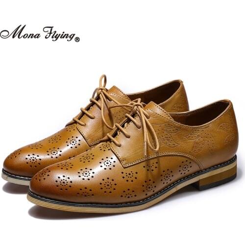 Mona Flying Women Leather Hand-made Comfort Lace up Oxfords Brogue Derby Saddle Flat Office OL Work Shoes for Ladies B098-101
