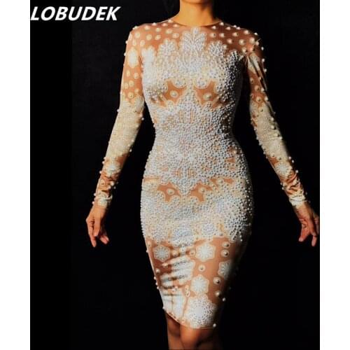 Female Costume white Pearl crystals snowflake dress Rhinestones Lady Nightclub Singer Catwalk Party Concert Stage show bar