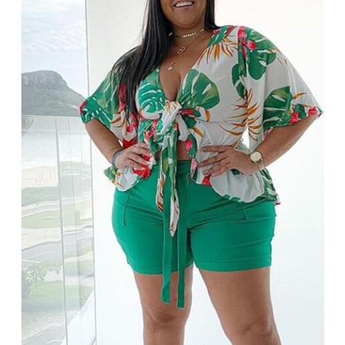 2021 Women Summer Two Piece Set Floral Print Boho Tied Blouse and Stretchy Shorts Set Female Casual Suits Plus Size 2Pcs Outfits