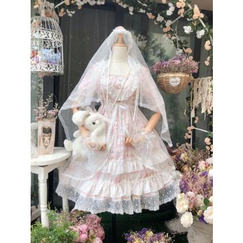 Sky Wedding Cute Womens Lolita Set: OP Dress Half Sleeve Dress + Hairband + Veil + Sleeve Bracelet Lace Trim Dress One Piece