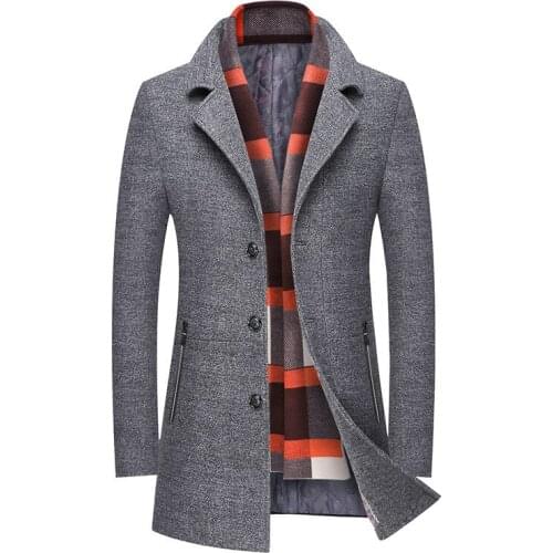 Winter Mens Long Wool Jacket 2020 New Mens Casual Scarf Thick Jacket Fashion Slim Fit Windproof Coat Male SA952