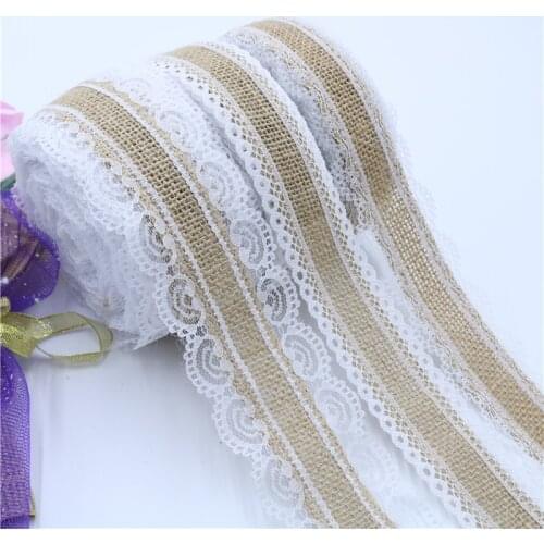 10M/Roll Natural Jute Burlap Hessian Lace Ribbon Roll White Lace Edge Rustic Centerpieces Vintage Wedding Deco Cake Topper