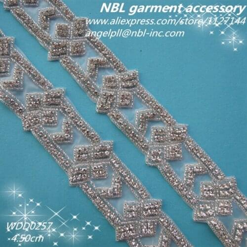 10 YARDS) Wholesale hand beaded bridal applique silver clear rhinestone trim iron on for wedding dress sash DIY iron on WDD0257