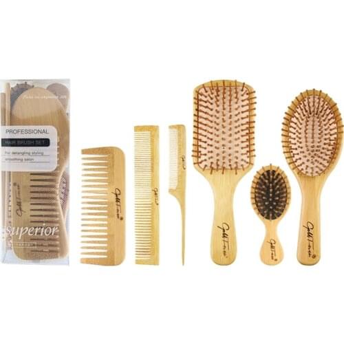 6Pcs Wood Combs Healthy Paddle Scalp Hairbrush Bamboo Cushion Head Massage Brush 667D