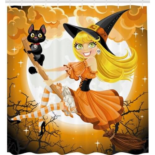 Halloween Shower Curtain Cute Witch Print for Bathroom