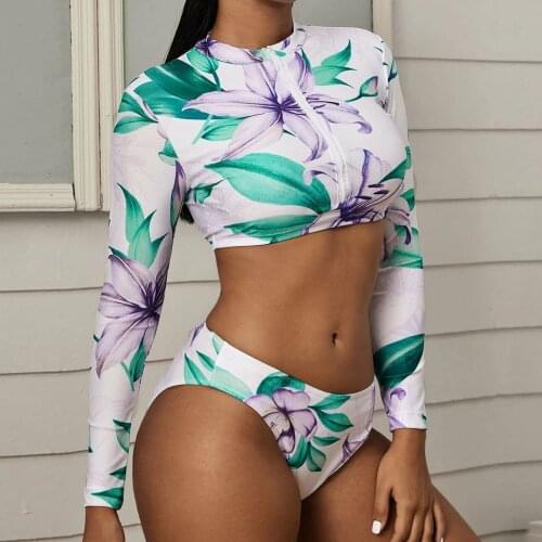 40# Long Sleeve Bikini Set Women Leaf Print Bikini Push-up Padded separate Swimsuit Sunscreen Beachwear Set Купальники Женские
