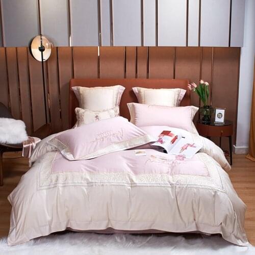 Luxury Pink Blue Embroidery Cotton Satin Bedding Set Duvet Cover Bed Linen Fitted Sheet Pillowcases Home Textile King Queen