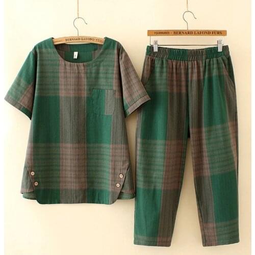 Womens Pant Suits 2 Piece Version of The Summer Pullover Large Size Plaid Two-piece Loose Top Printing Short Sleeve Pants Sets