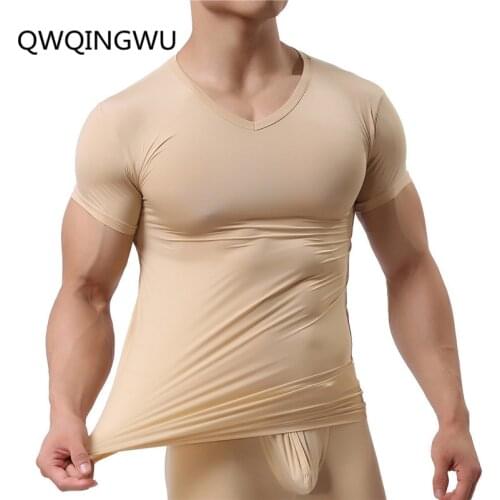Man Undershirt Ice Silk Spandex Sheer T Shirts Male Nylon V-neck Short Sleeves Tops Ultra-thin Cool Thermal Sleepwear Undershirt