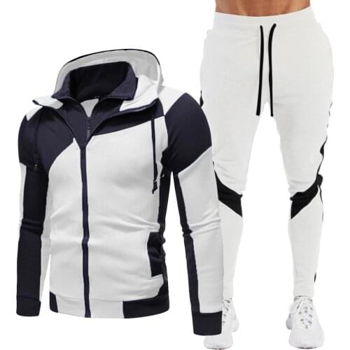 2021 New Winter Hot Sale Fleece Mens Multicolor Patchwork Link Hoodie + Sweatpants Suit Fashion Sports And Leisure 2-Piece Set