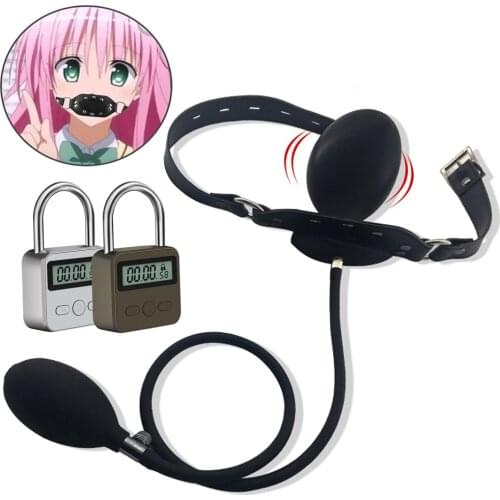 Time Lock Inflatable Silicone Ball Gag Big Dildo Pump BDSM Torture Bondage Open Mouth Plug Leather Harness Couple Oral Sex Toys