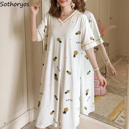 Nightgowns Women V-neck Printed Sweet Stylish Plus Size 3XL Loose Chic Lovely Korean Style Womens Summer Sleepshirts Nightwear