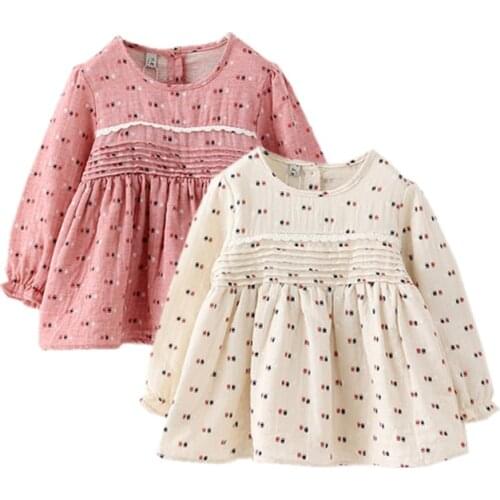 New Children Clothing Spring Autumn Girls Lovely Dots Ruffle O-neck Long-sleeved Cotton Blouses