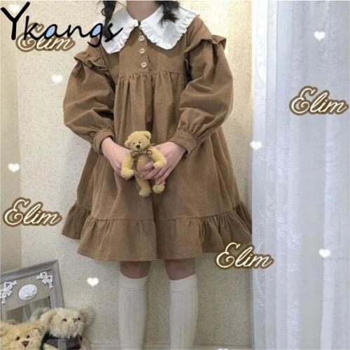 Kawaii Ruffle Peter Pan Collar Fairy Dress Japanese Sweet Puff Sleeve Loose Vestidos Autumn Winter Elegant Preppy Style Clothing