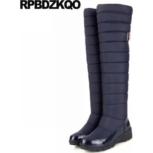 Snow 12 44 Tall Knee High Over The Metal Slip On Waterproof Long Shoes Big Size Navy Blue 10 Thigh Boots For Plus Women Down