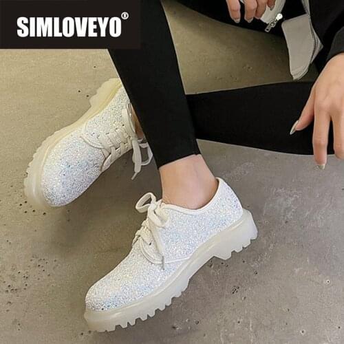 SIMLOVEYO New 2021 Women Flat Shoes Round Toe 3cm Lace-Up Bling Student Transparent Soft Comfy Stylish Big Size 34-43 A3898