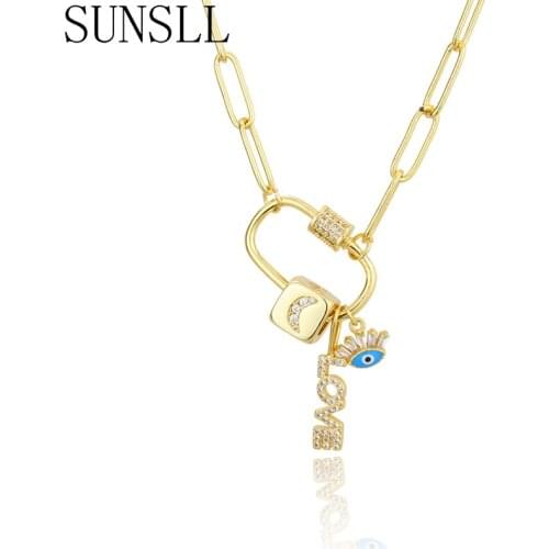 SUNSLL New arrival gold Sweater chain copper Eyes/letters pendant necklace for women fashion party Spiral buckle jewelry gifts