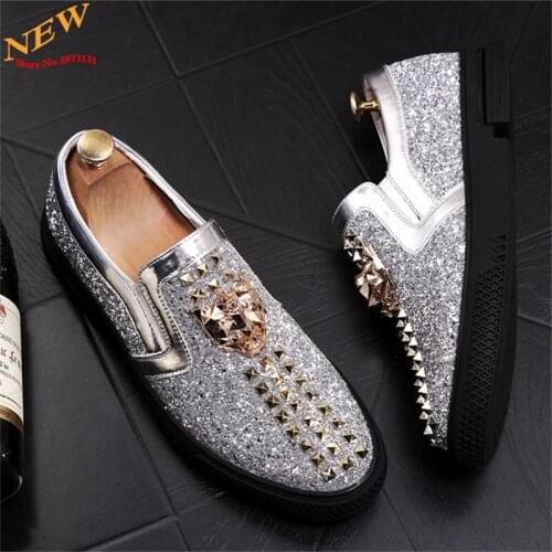 Gold Silver Luxury Men Casual Loafers Slip-on Lazy Prom Flats Wedding Party Dress Shoes Sapato Social Masculino
