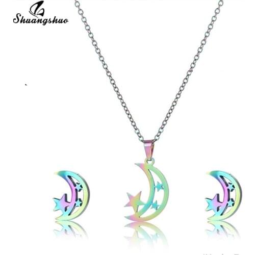 Boho Vintage Moon & Star Pendant Necklace Colorful Stainless Steel Necklace for Women Lovers Engagement Jewelry Set Mini Earing