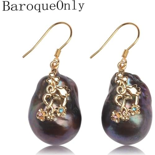 BaroqueOnly 925 Sterling Silver natural Pearl hudge size black pearl long drop Earring For Women Pearl Jewelry best gift EBM