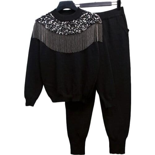 Spring Fashion Black Knitted Outfits Women Handwork Diamond Tassel Sweater Long Pants 2 Piece Set Female Loose Casual Knit Suit