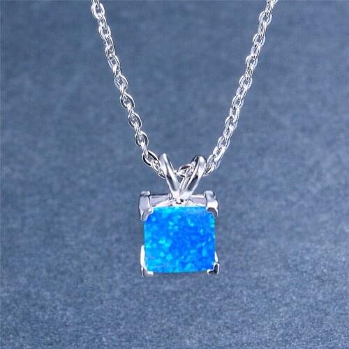 Geometric Small Square Stone Pendant Necklace Cute Blue White Opal Wedding Necklace Charm Silver Color Chain Necklaces For Women