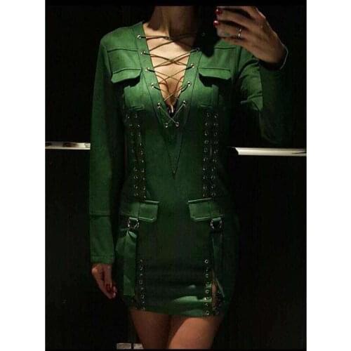 Newest HIGH QUALITY Fashion 2021 BAROCCO Unique Runway Dress Womens Long Sleeve Deep V Lacing Retro Faux Suede Dress